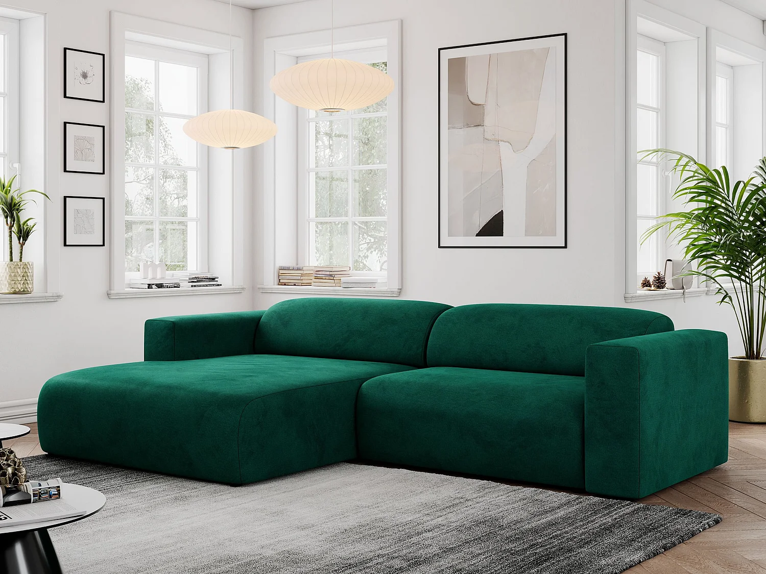Ecksofa PASADENA - mit Armlehnen, Wohnlandschaft, freistehendes Sofa, große Ecke - Dunkelgrün Velvet - Ecke Links