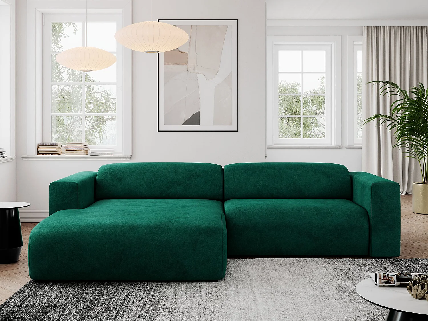 Ecksofa PASADENA - mit Armlehnen, Wohnlandschaft, freistehendes Sofa, große Ecke - Dunkelgrün Velvet - Ecke Links