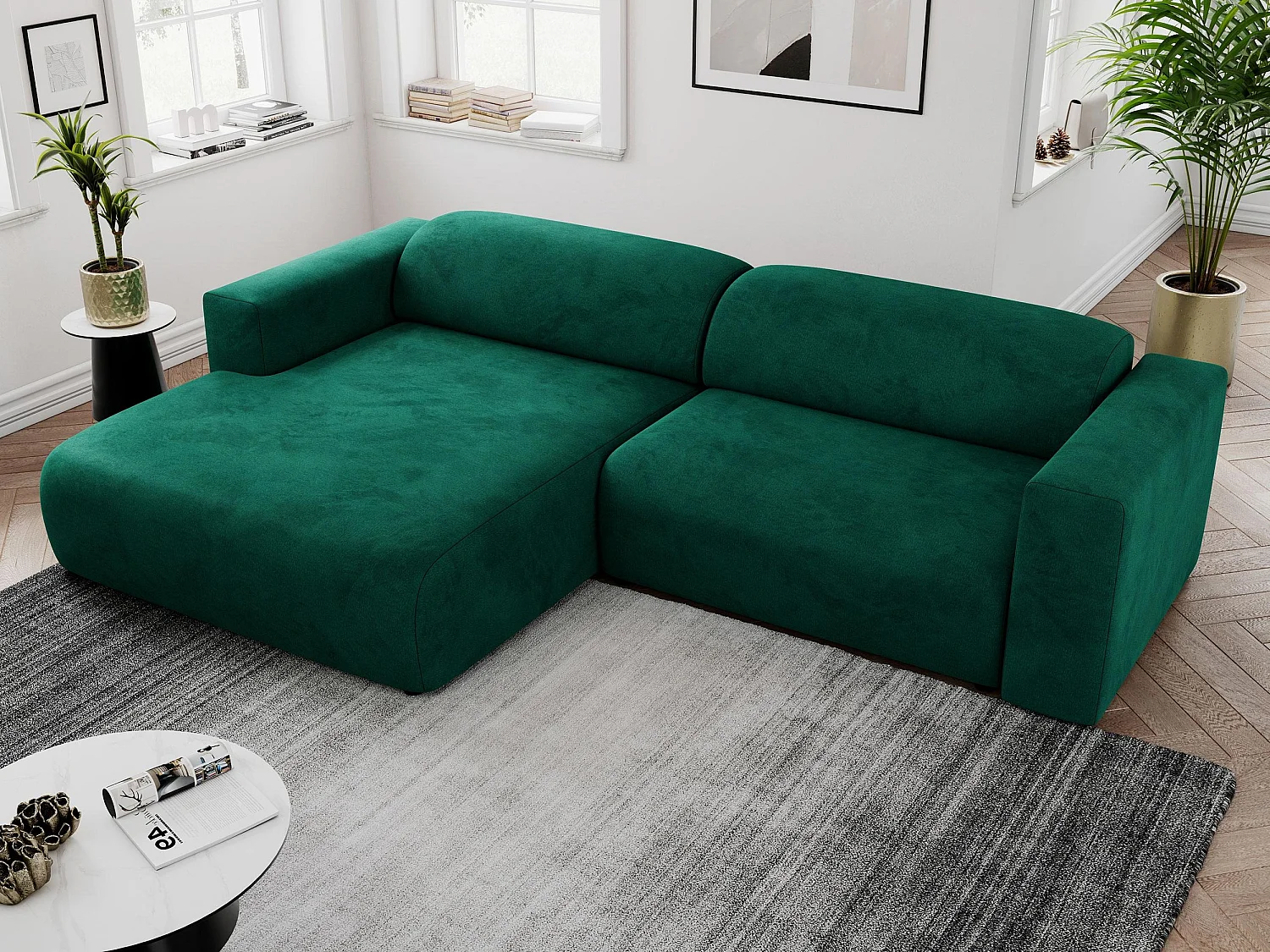 Ecksofa PASADENA - mit Armlehnen, Wohnlandschaft, freistehendes Sofa, große Ecke - Dunkelgrün Velvet - Ecke Links