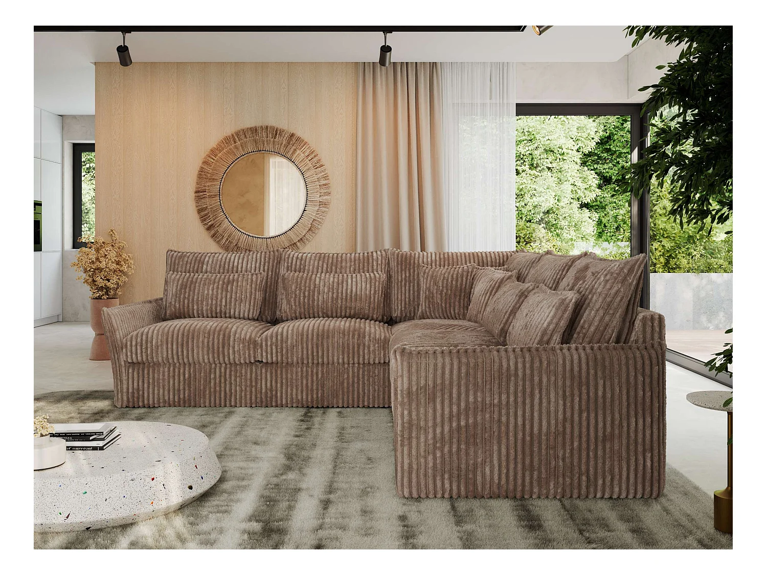 Ecksofa VERSO - modulare L-förmige Ecke, lose Kissen, Wohnlandschaft - Braun Cord