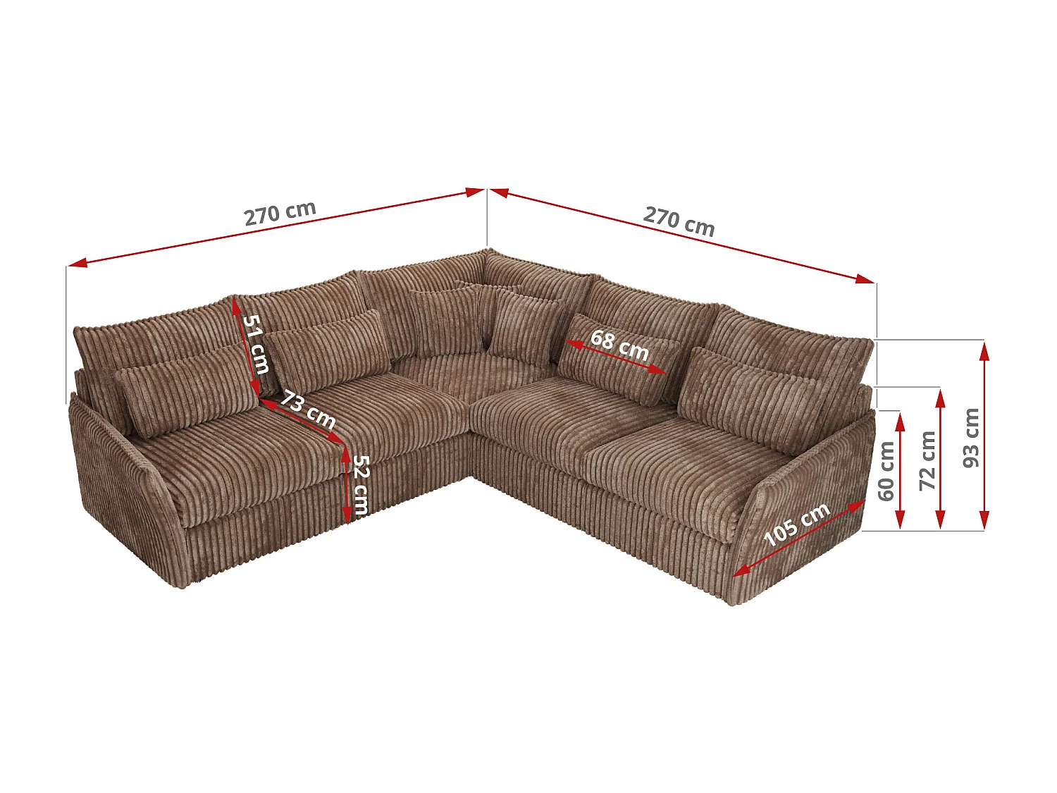 Ecksofa VERSO - modulare L-förmige Ecke, lose Kissen, Wohnlandschaft - Braun Cord