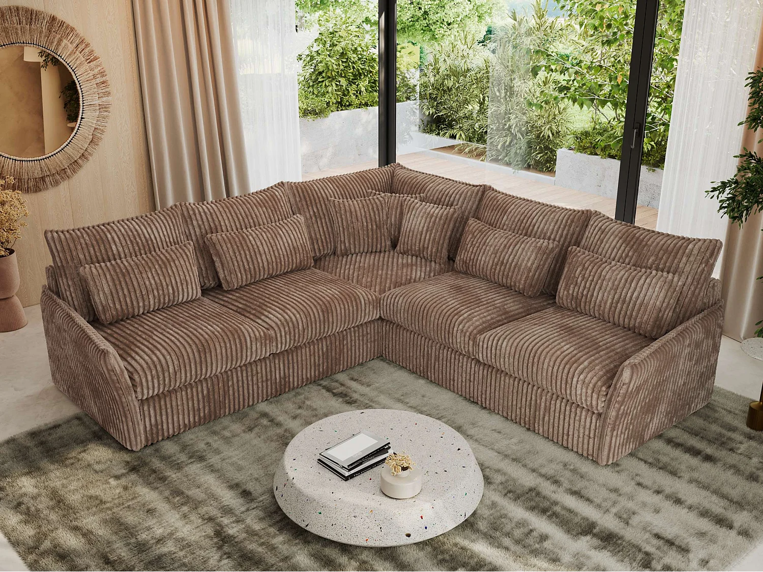 Ecksofa VERSO - modulare L-förmige Ecke, lose Kissen, Wohnlandschaft - Braun Cord