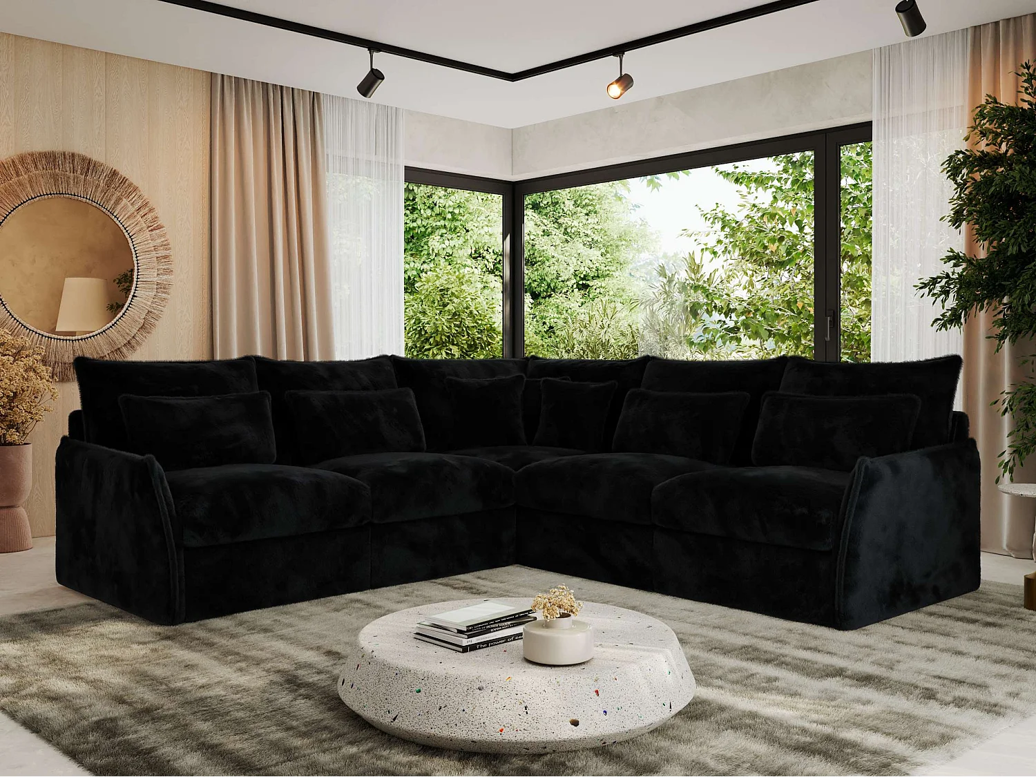 Ecksofa VERSO - modulare L-förmige Ecke, lose Kissen, Wohnlandschaft - Schwarz Plüsch