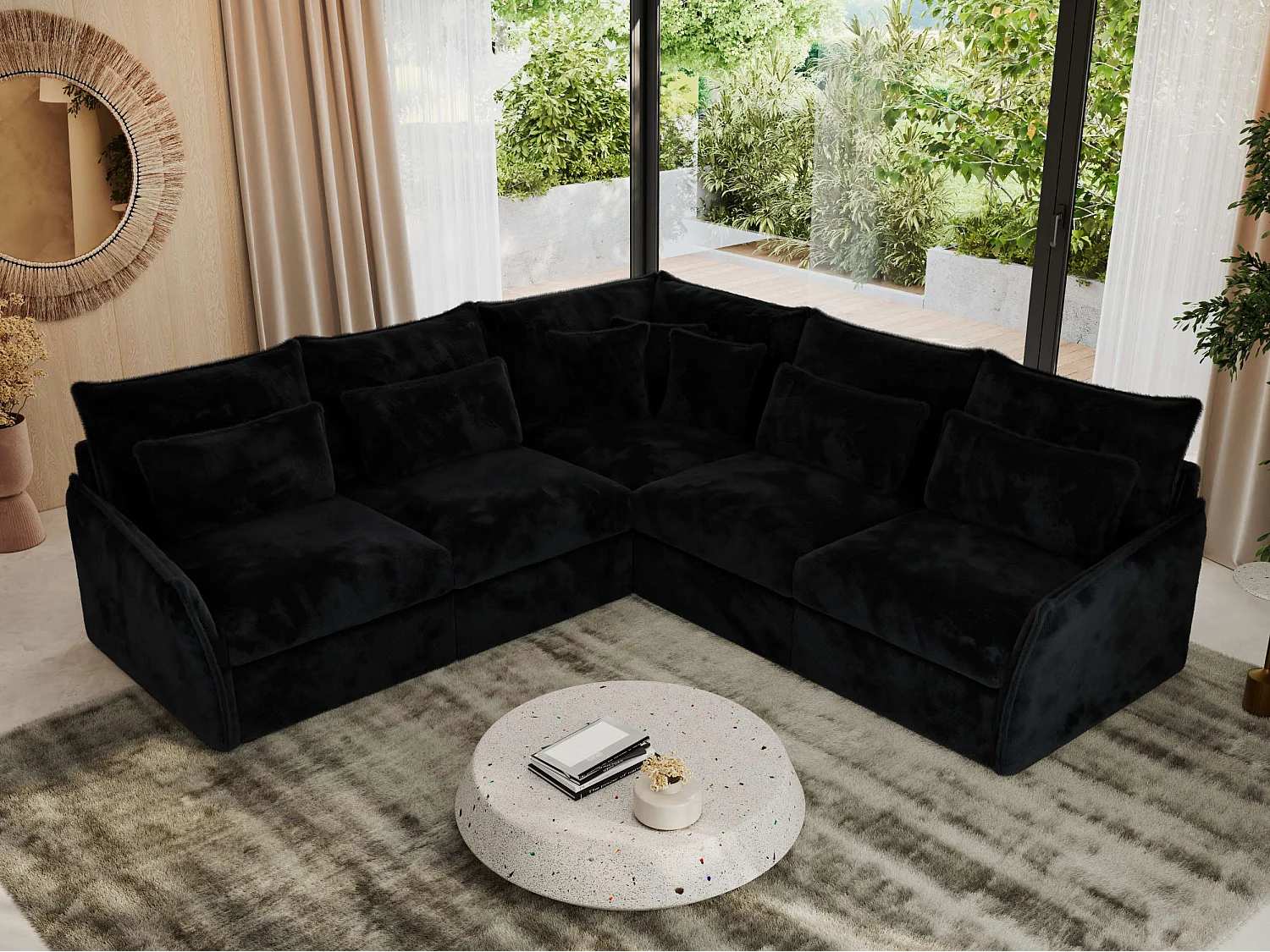 Ecksofa VERSO - modulare L-förmige Ecke, lose Kissen, Wohnlandschaft - Schwarz Plüsch