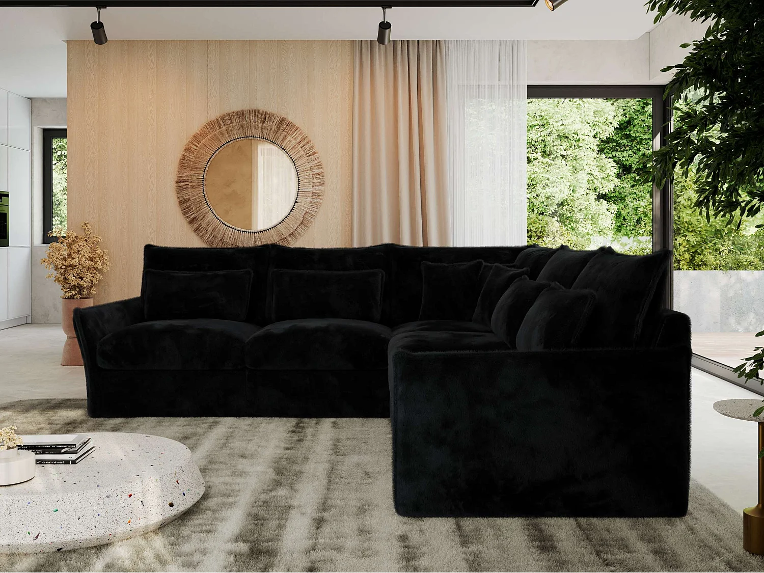 Ecksofa VERSO - modulare L-förmige Ecke, lose Kissen, Wohnlandschaft - Schwarz Plüsch