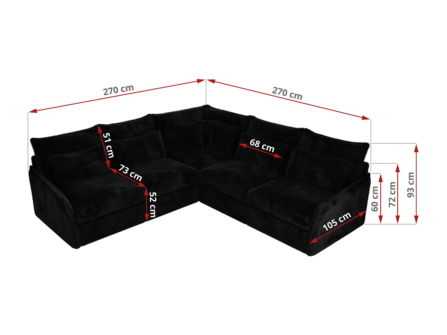 Ecksofa VERSO - modulare L-förmige Ecke, lose Kissen, Wohnlandschaft - Schwarz Plüsch