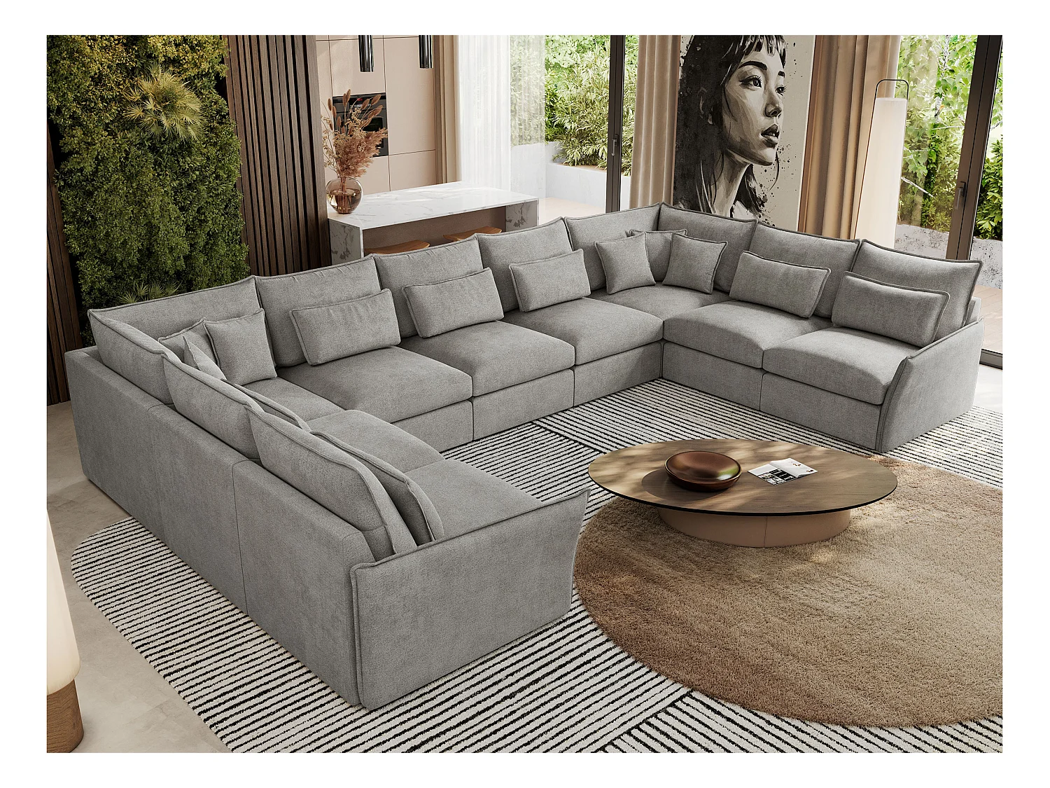 Ecksofa VERSO U9M - XXL Wohnlandschaft Ecke, modulare, Armlehnen und lose Kissen - Hellgrau Strukture