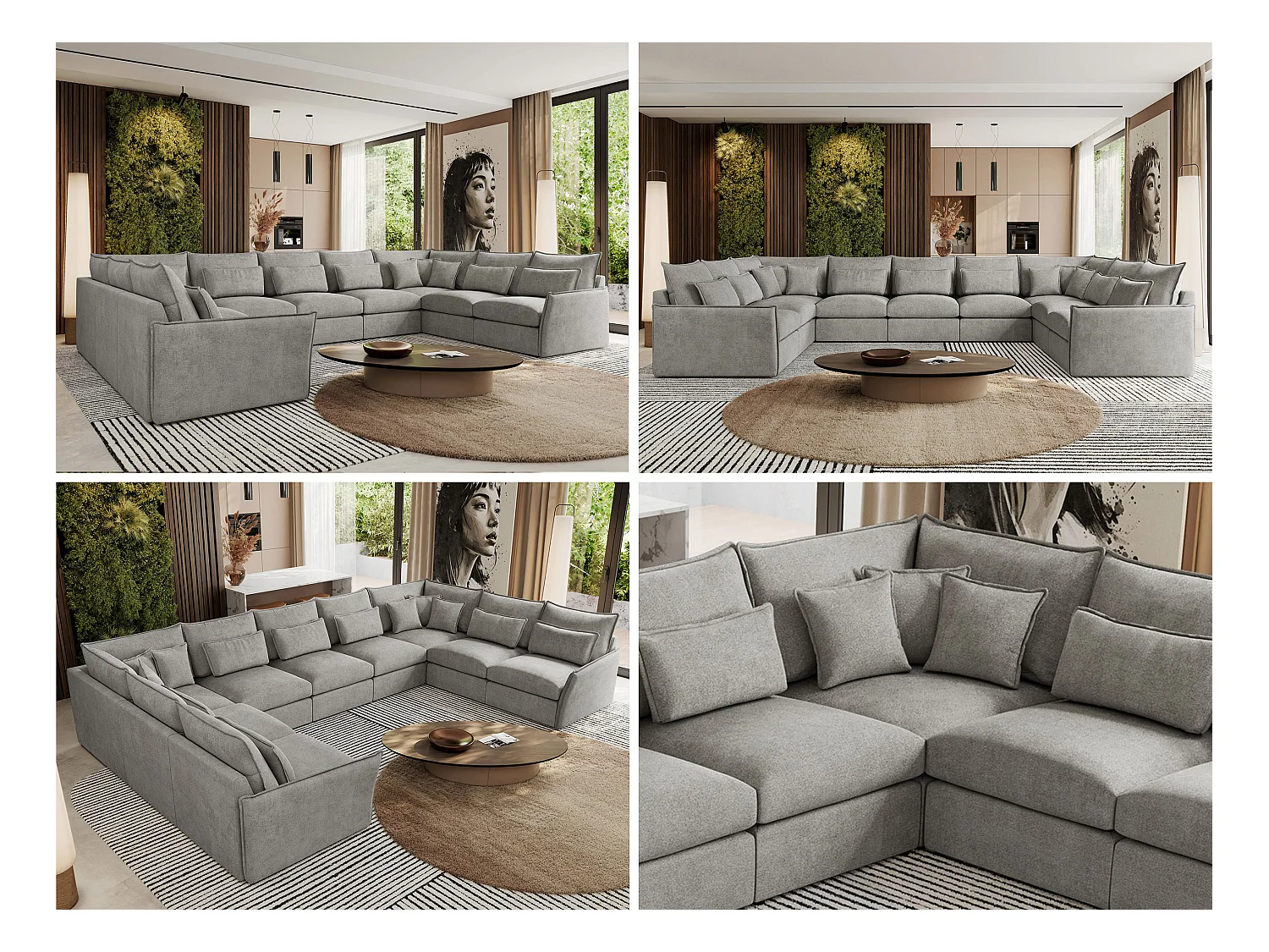 Ecksofa VERSO U9M - XXL Wohnlandschaft Ecke, modulare, Armlehnen und lose Kissen - Hellgrau Strukture