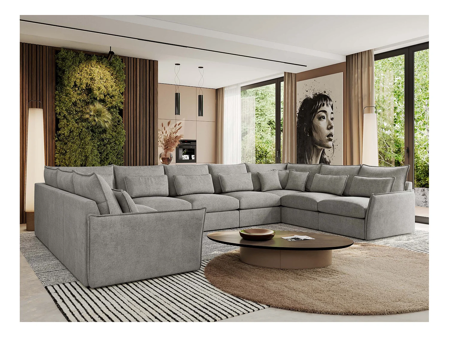 Ecksofa VERSO U9M - XXL Wohnlandschaft Ecke, modulare, Armlehnen und lose Kissen - Hellgrau Strukture