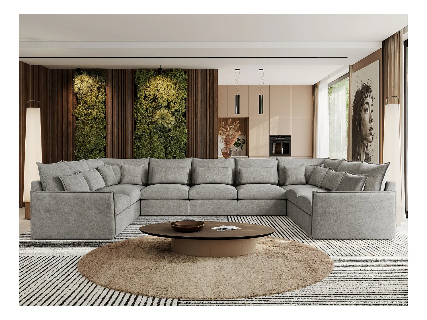 Ecksofa VERSO U9M - XXL Wohnlandschaft Ecke, modulare, Armlehnen und lose Kissen - Hellgrau Strukture