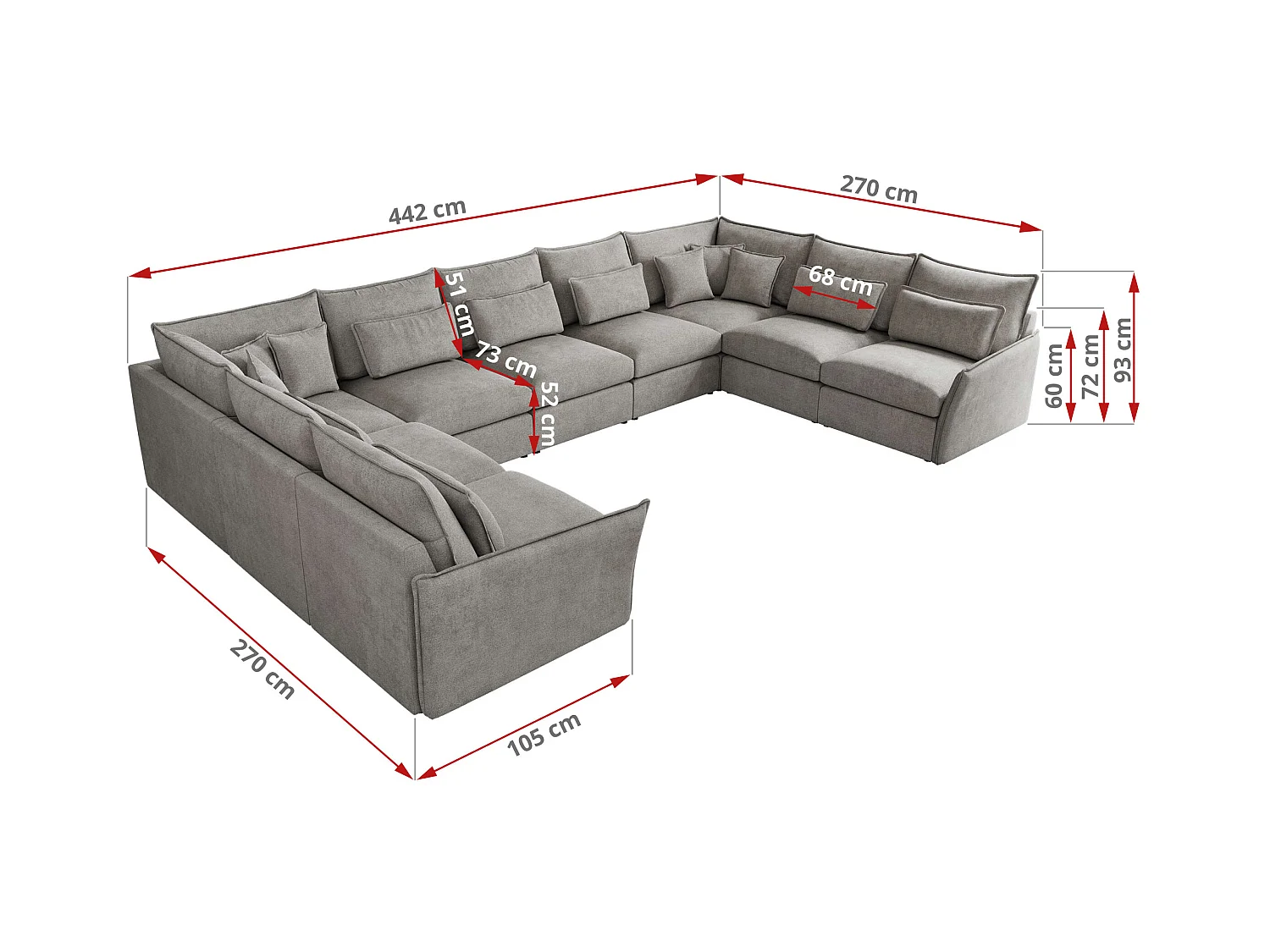 Ecksofa VERSO U9M - XXL Wohnlandschaft Ecke, modulare, Armlehnen und lose Kissen - Hellgrau Strukture