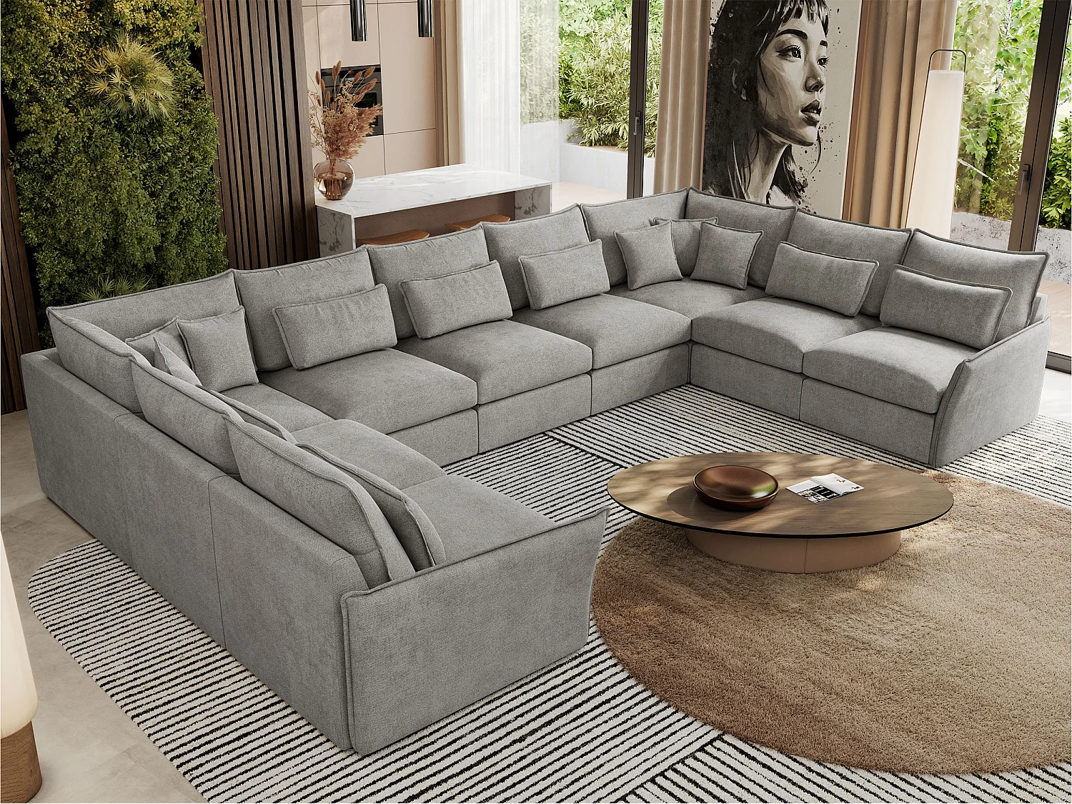 Ecksofa VERSO U9M - XXL Wohnlandschaft Ecke, modulare, Armlehnen und lose Kissen - Hellgrau Strukture