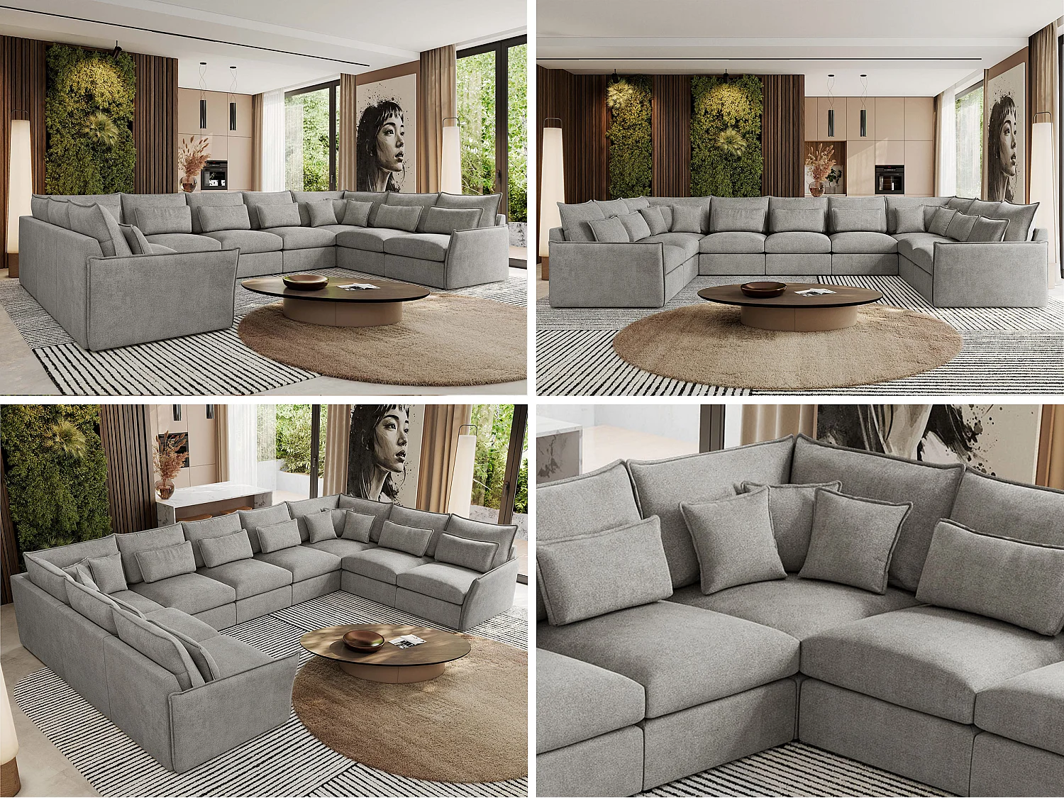 Ecksofa VERSO U9M - XXL Wohnlandschaft Ecke, modulare, Armlehnen und lose Kissen - Hellgrau Strukture