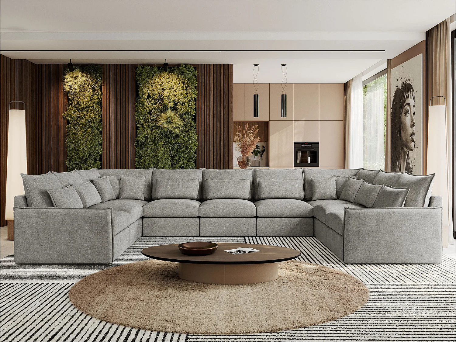 Ecksofa VERSO U9M - XXL Wohnlandschaft Ecke, modulare, Armlehnen und lose Kissen - Hellgrau Strukture