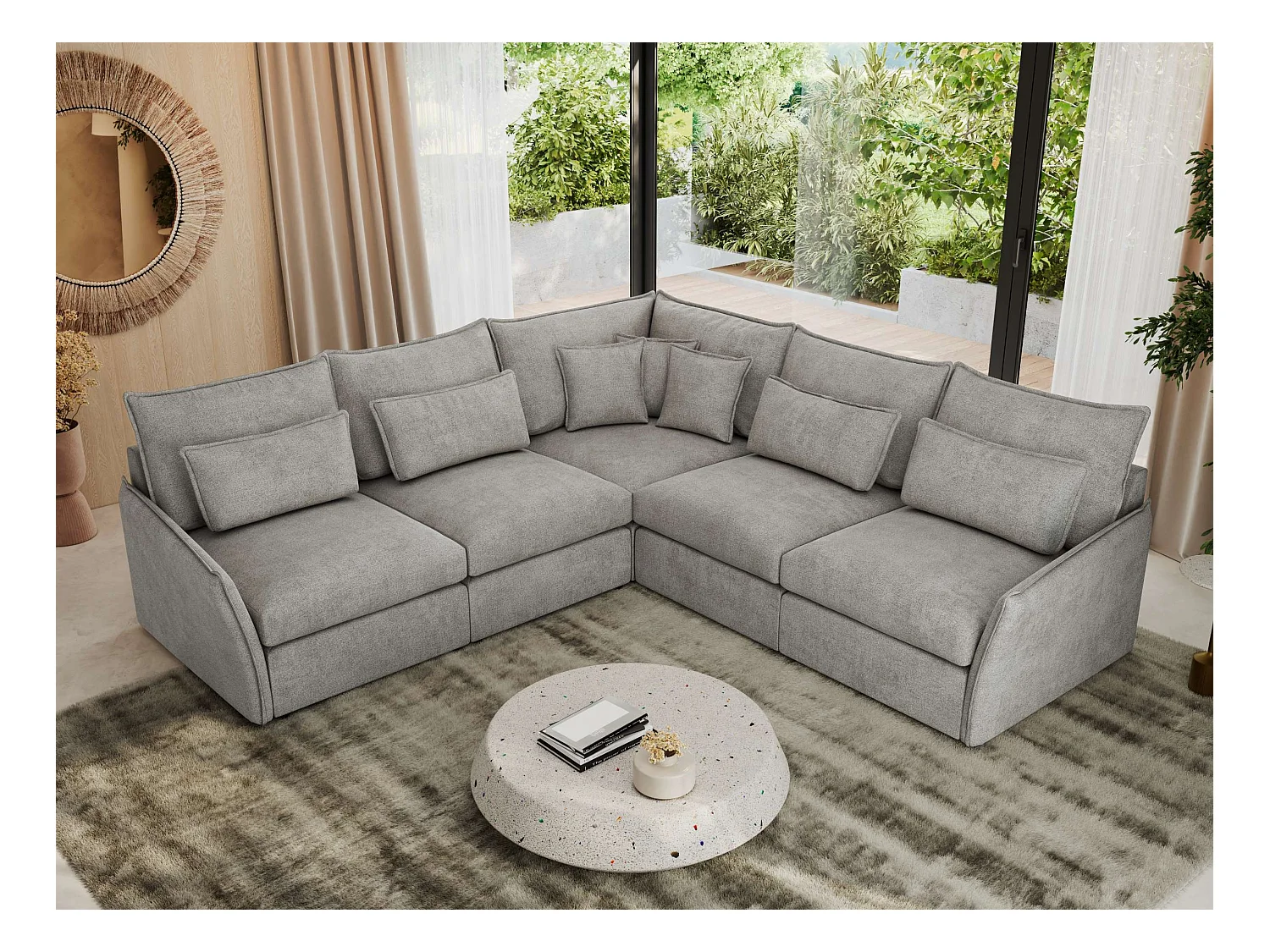 Ecksofa VERSO - modulare L-förmige Ecke, lose Kissen, Wohnlandschaft - Hellgrau Struktur