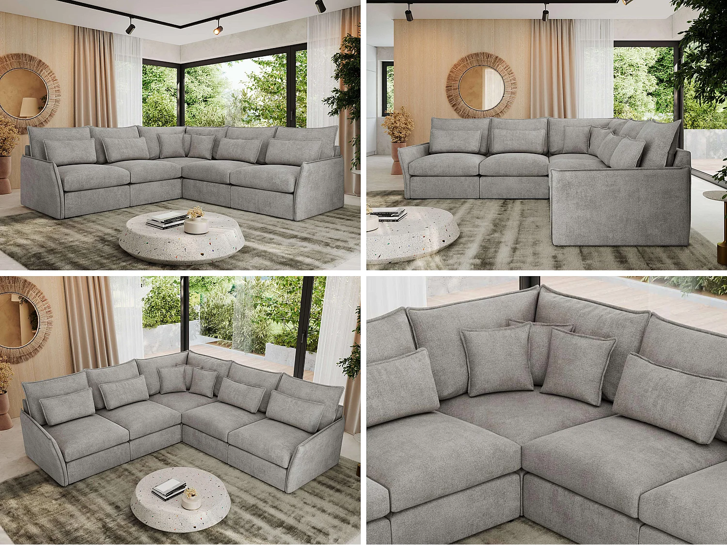 Ecksofa VERSO - modulare L-förmige Ecke, lose Kissen, Wohnlandschaft - Hellgrau Struktur