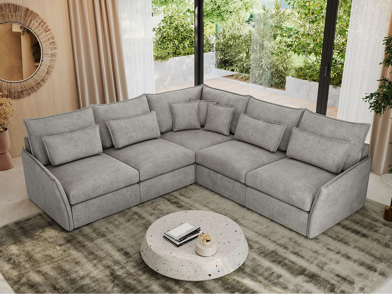 Ecksofa VERSO - modulare L-förmige Ecke, lose Kissen, Wohnlandschaft - Hellgrau Struktur