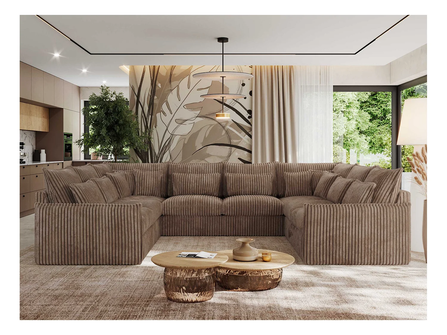 Ecksofa VERSO U8M - modulare U-förmige Ecke mit Armlehnen, Wohnlandschaft, Ecksofa XXL, lose Kissen - Braun Cord