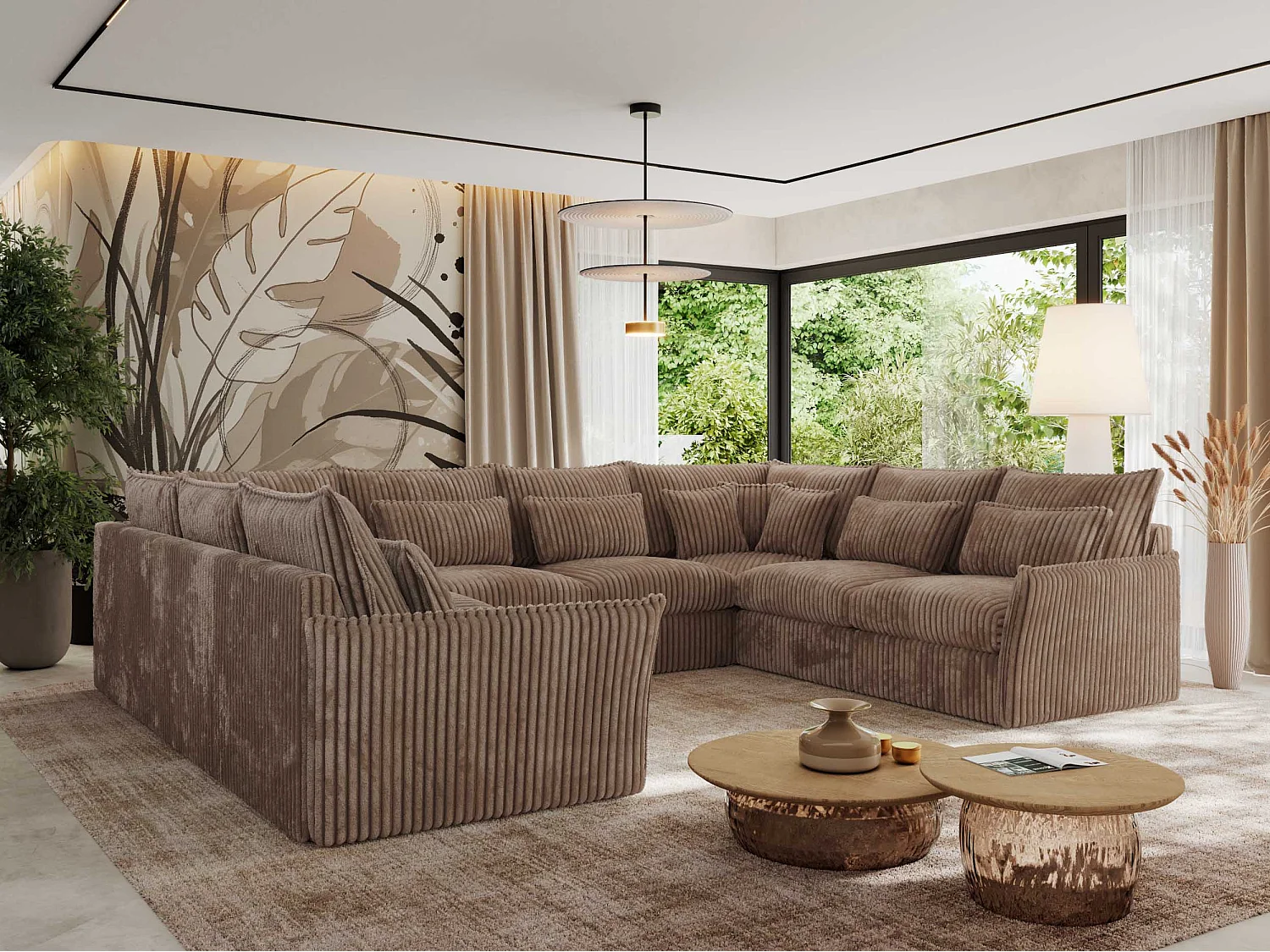 Ecksofa VERSO U8M - modulare U-förmige Ecke mit Armlehnen, Wohnlandschaft, Ecksofa XXL, lose Kissen - Braun Cord