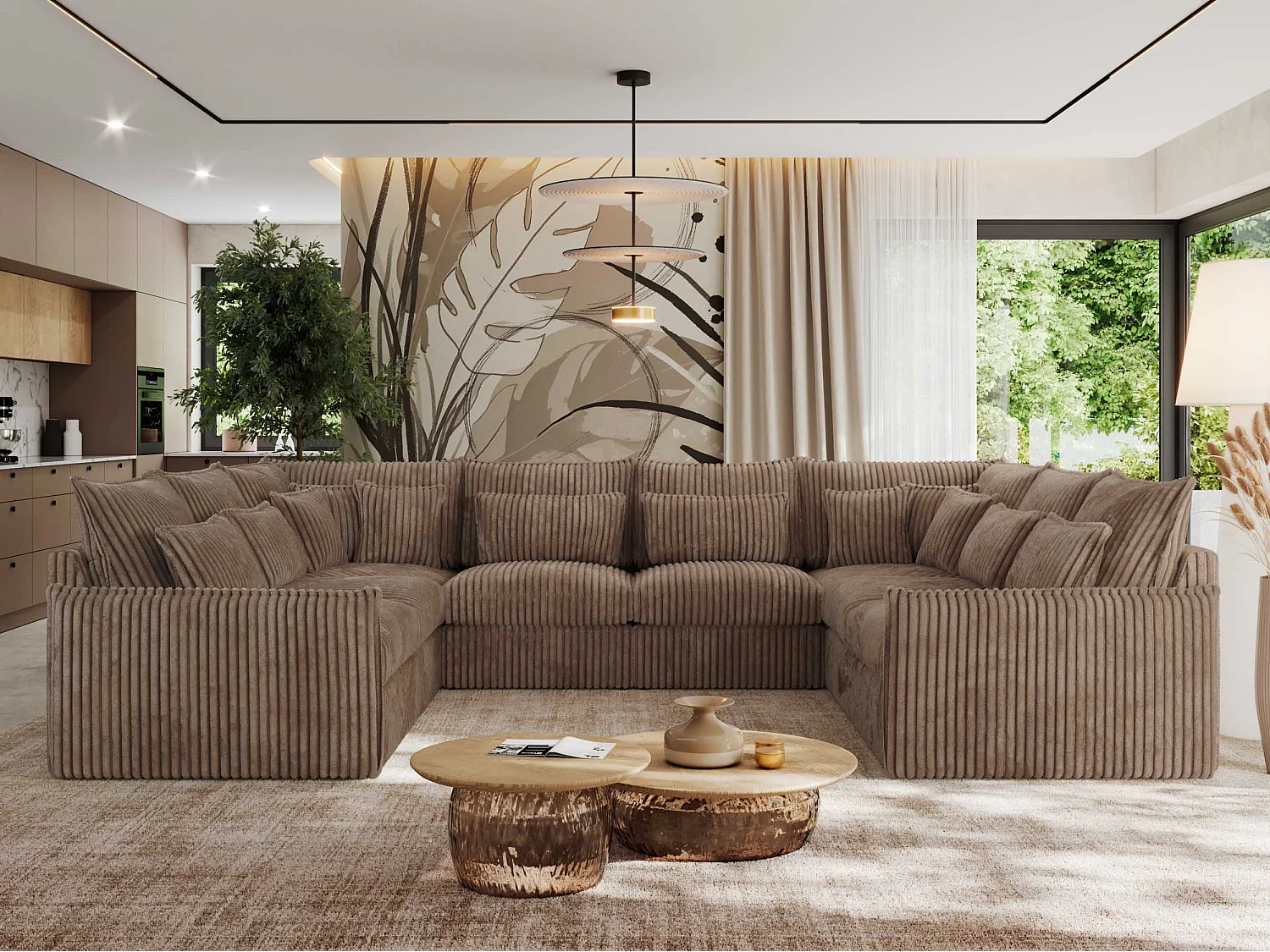 Ecksofa VERSO U8M - modulare U-förmige Ecke mit Armlehnen, Wohnlandschaft, Ecksofa XXL, lose Kissen - Braun Cord