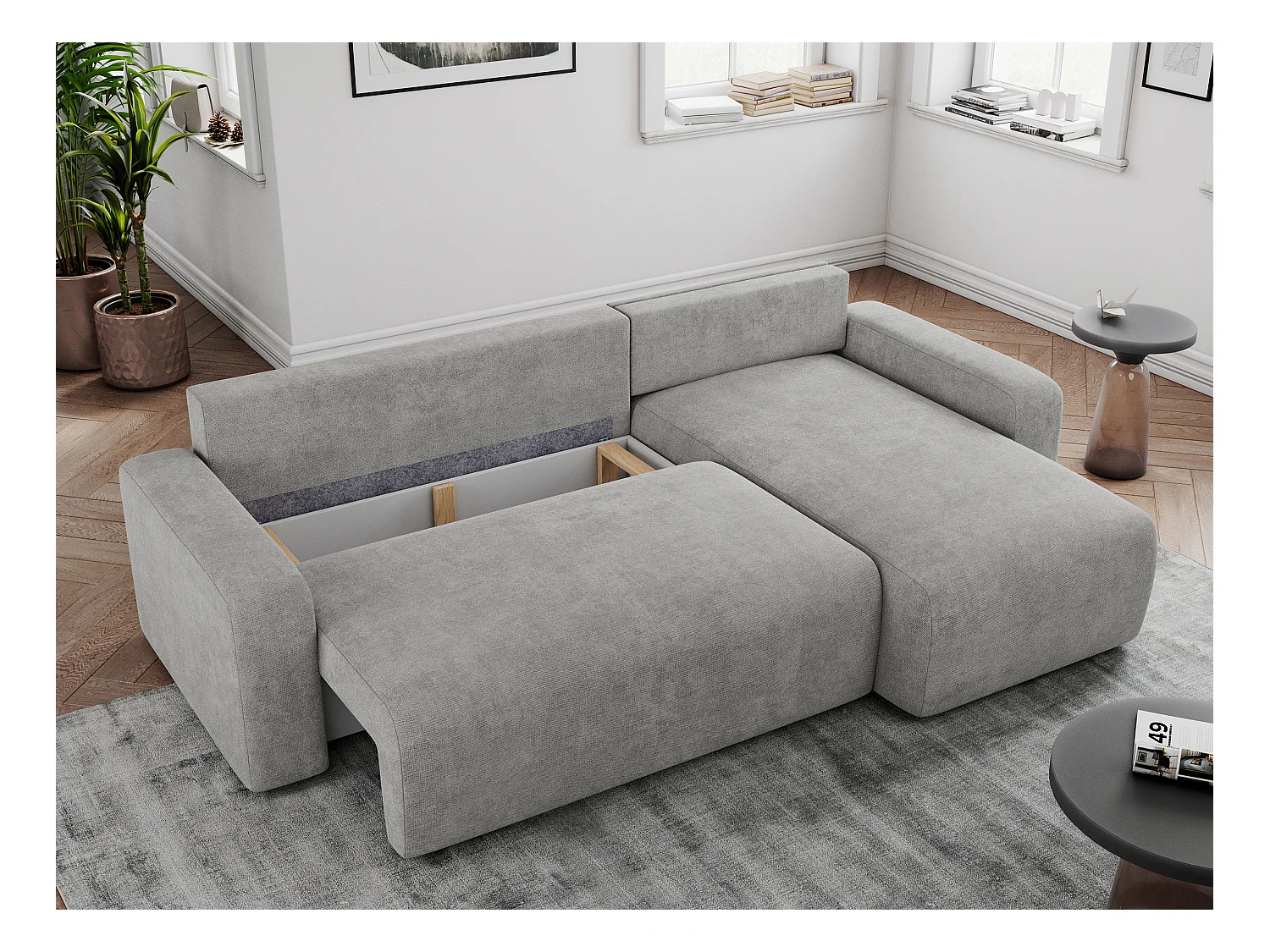 Ecksofa ARGOS - mit Schlaffunktion, Sofa mit armlehnen, Bettkasten, 3-Sitzer Sofa - Hellgrau Stukture