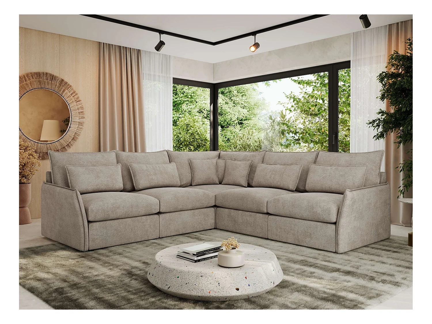 Ecksofa VERSO - modulare L-förmige Ecke, lose Kissen, Wohnlandschaft - Beige Struktur