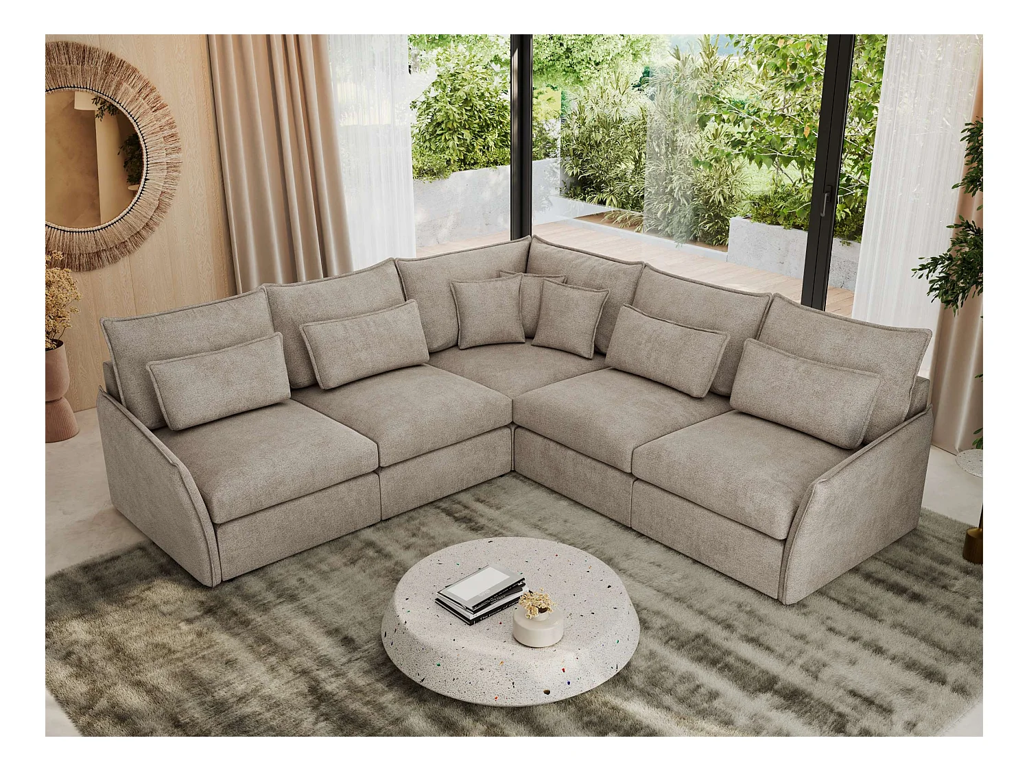 Ecksofa VERSO - modulare L-förmige Ecke, lose Kissen, Wohnlandschaft - Beige Struktur