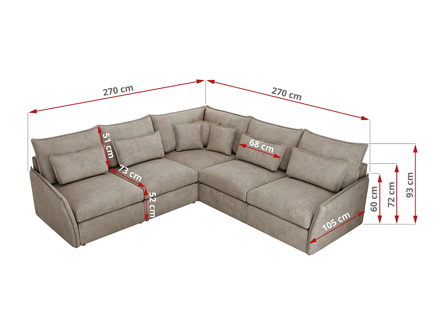 Ecksofa VERSO - modulare L-förmige Ecke, lose Kissen, Wohnlandschaft - Beige Struktur