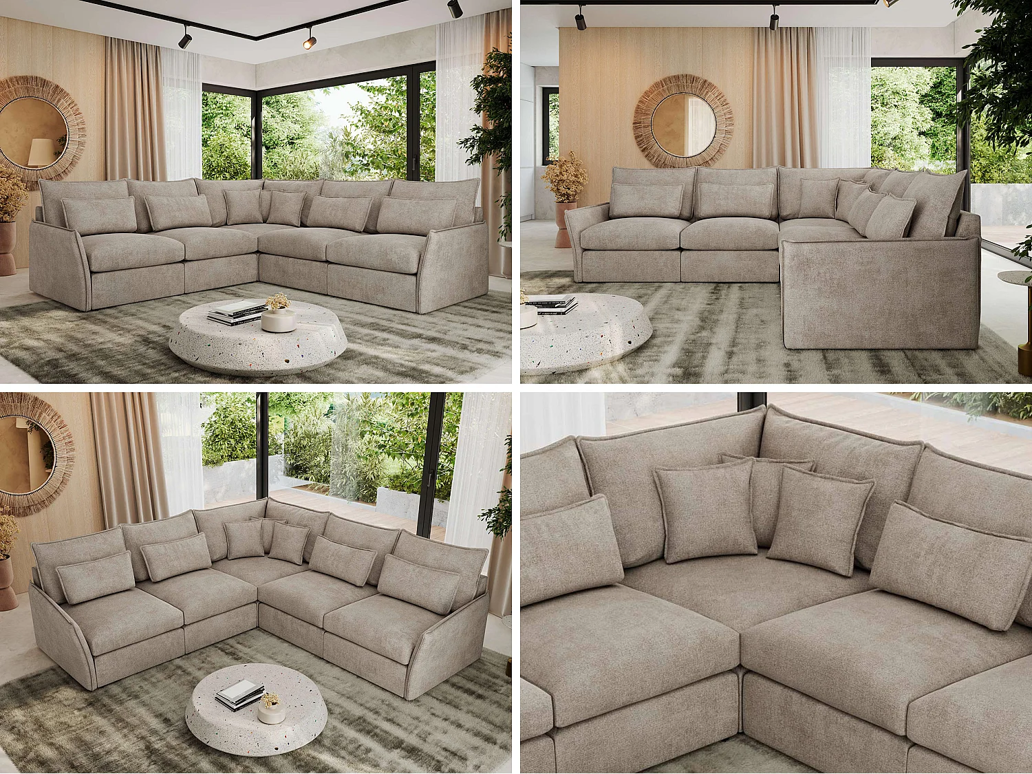 Ecksofa VERSO - modulare L-förmige Ecke, lose Kissen, Wohnlandschaft - Beige Struktur