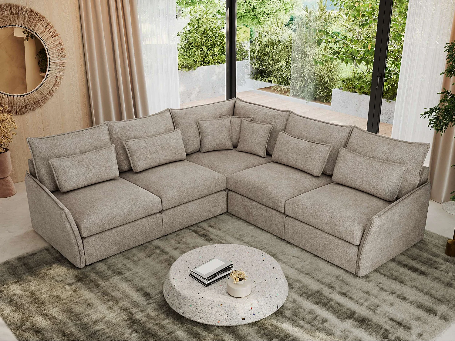 Ecksofa VERSO - modulare L-förmige Ecke, lose Kissen, Wohnlandschaft - Beige Struktur