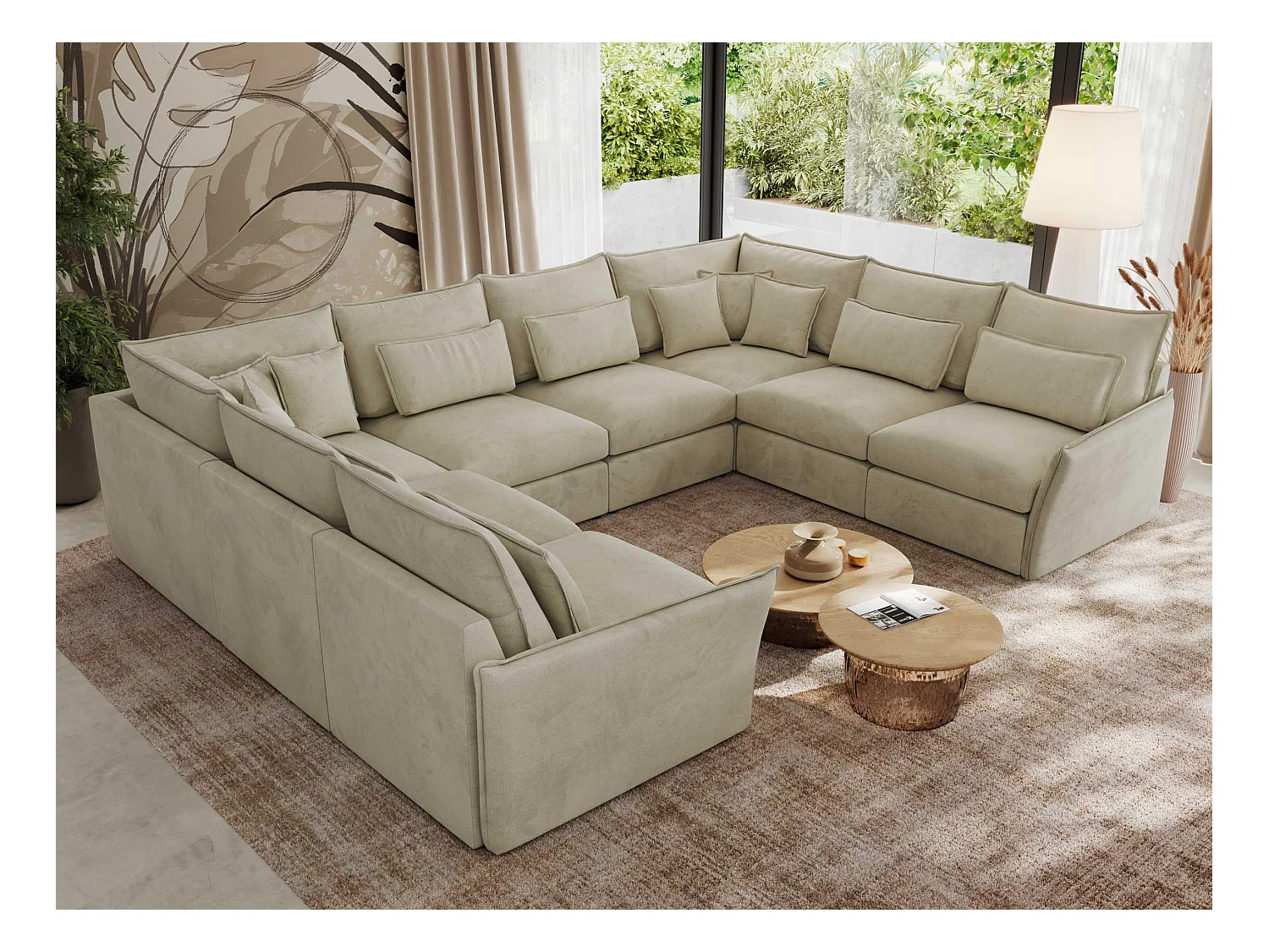 Ecksofa VERSO U8M - modulare U-förmige Ecke mit Armlehnen, Wohnlandschaft, Ecksofa XXL, lose Kissen - Beige Velvet
