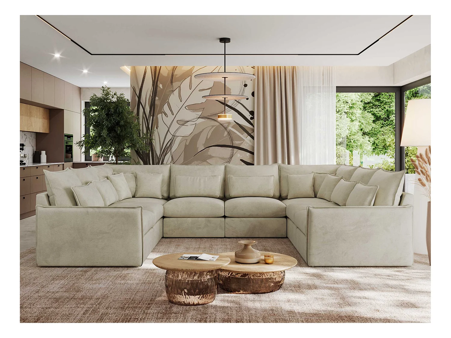 Ecksofa VERSO U8M - modulare U-förmige Ecke mit Armlehnen, Wohnlandschaft, Ecksofa XXL, lose Kissen - Beige Velvet