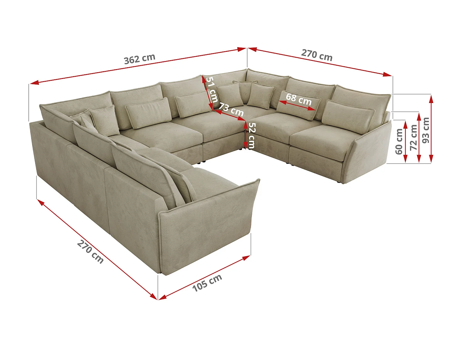 Ecksofa VERSO U8M - modulare U-förmige Ecke mit Armlehnen, Wohnlandschaft, Ecksofa XXL, lose Kissen - Beige Velvet