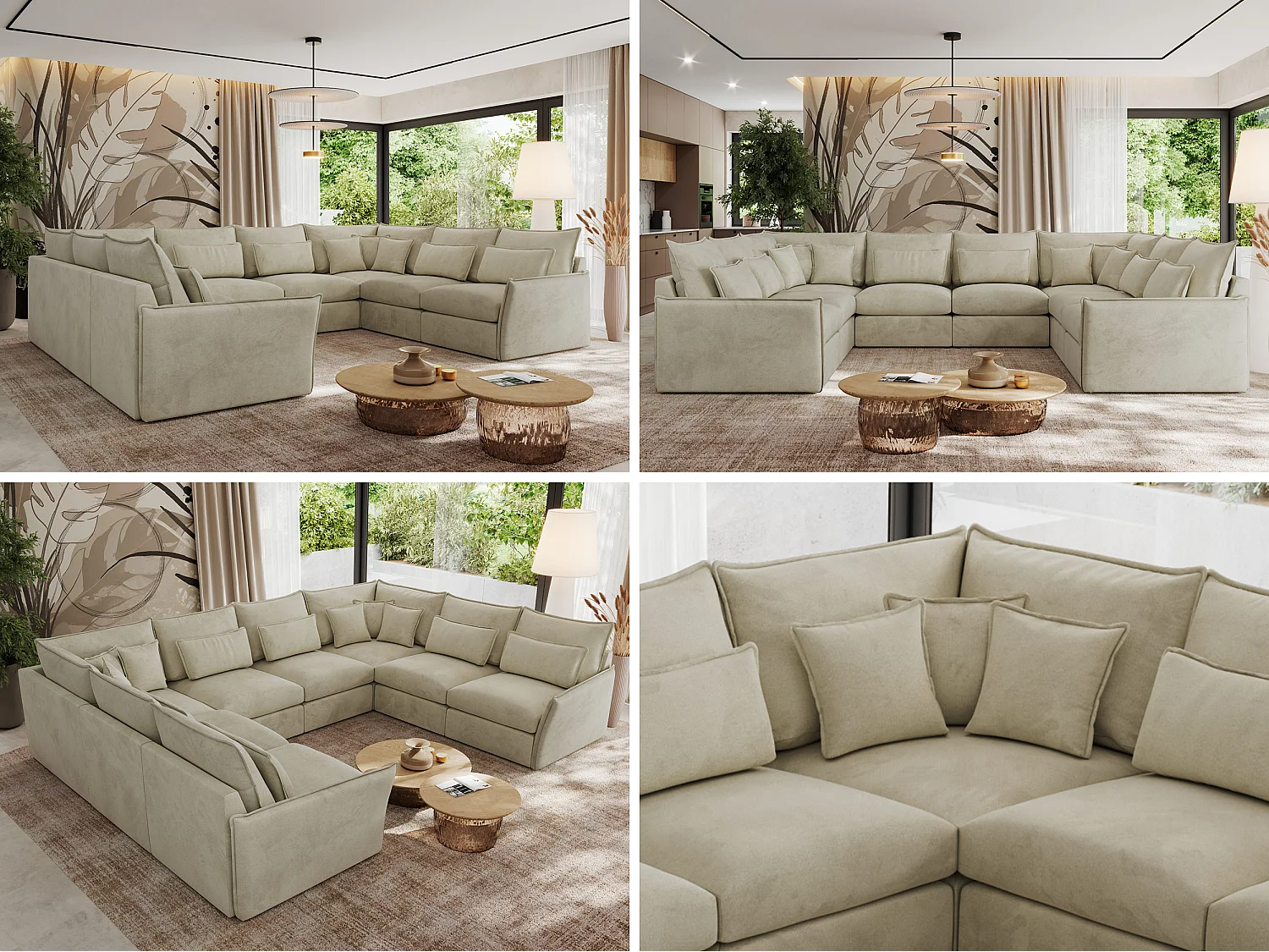 Ecksofa VERSO U8M - modulare U-förmige Ecke mit Armlehnen, Wohnlandschaft, Ecksofa XXL, lose Kissen - Beige Velvet