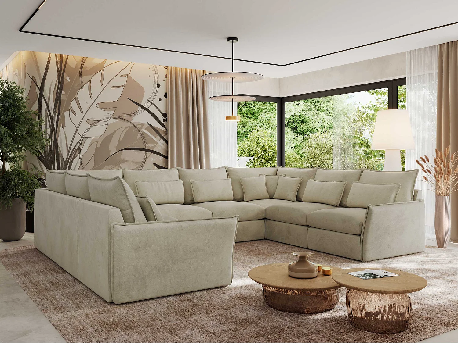 Ecksofa VERSO U8M - modulare U-förmige Ecke mit Armlehnen, Wohnlandschaft, Ecksofa XXL, lose Kissen - Beige Velvet