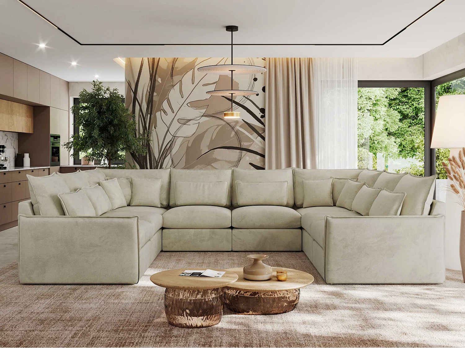 Ecksofa VERSO U8M - modulare U-förmige Ecke mit Armlehnen, Wohnlandschaft, Ecksofa XXL, lose Kissen - Beige Velvet