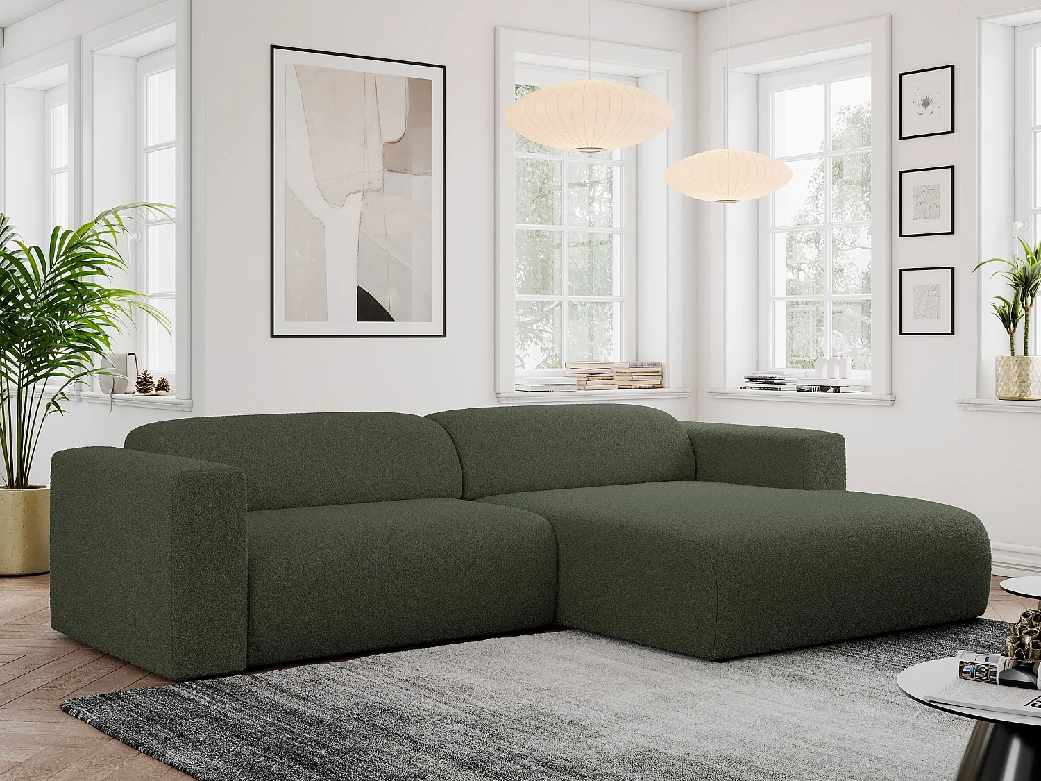 Ecksofa PASADENA - mit Armlehnen, Wohnlandschaft, freistehendes Sofa, große Ecke - Grün Boucle - Ecke Rechts