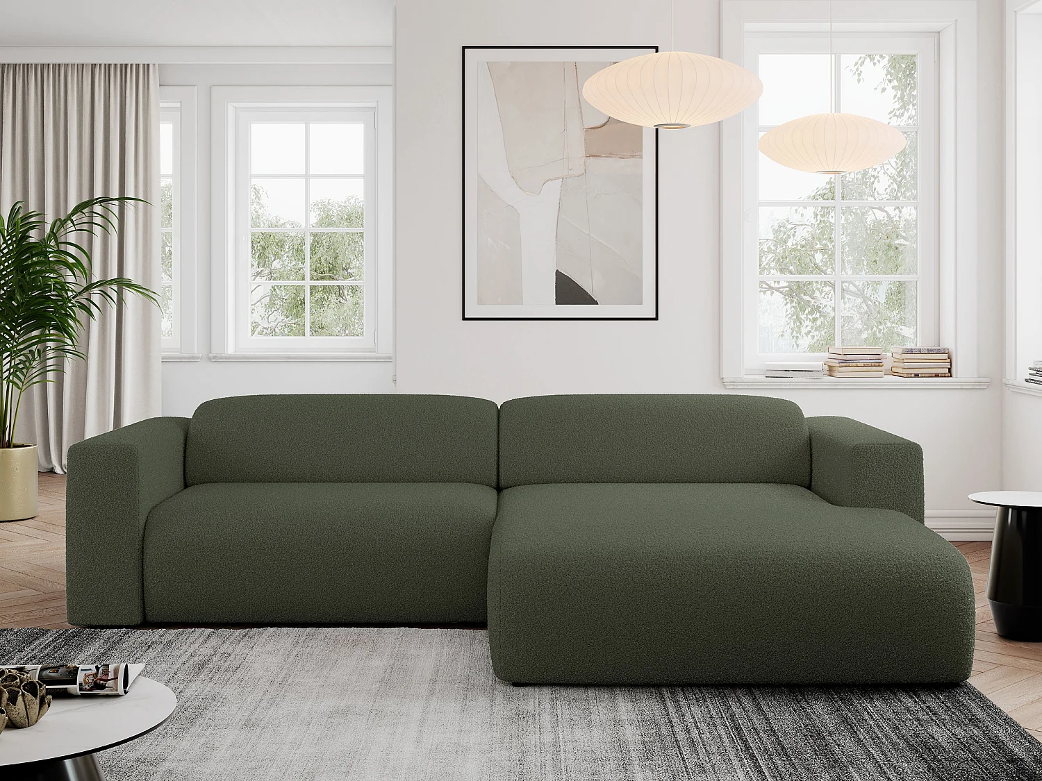 Ecksofa PASADENA - mit Armlehnen, Wohnlandschaft, freistehendes Sofa, große Ecke - Grün Boucle - Ecke Rechts