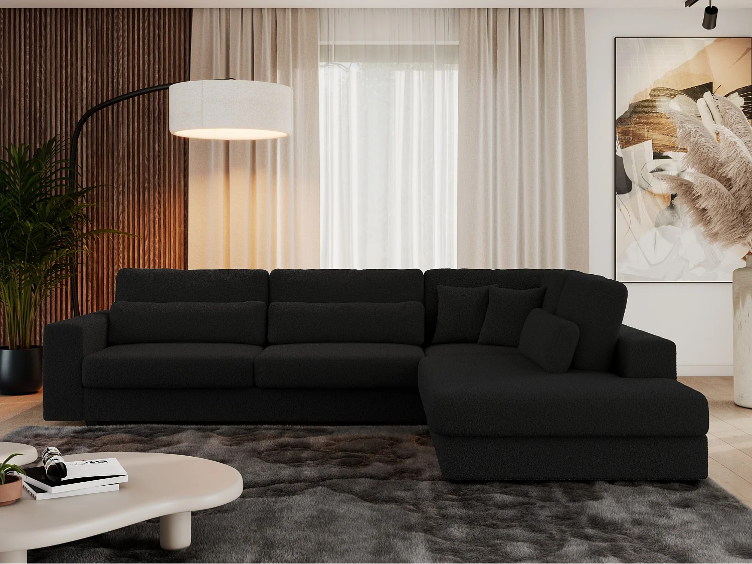 Ecksofa SAVONA - mit Armlehnen, lose Kissen, große L-förmige Ecke, Wohnlandschaft - Schwarz Boucle - Ecke Rechts