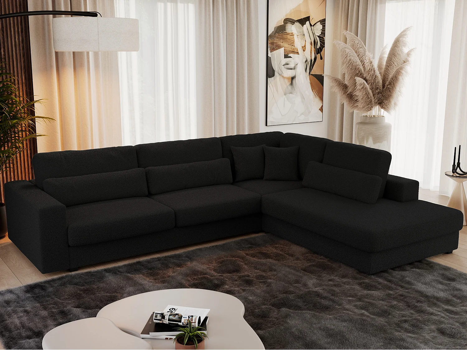 Ecksofa SAVONA - mit Armlehnen, lose Kissen, große L-förmige Ecke, Wohnlandschaft - Schwarz Boucle - Ecke Rechts