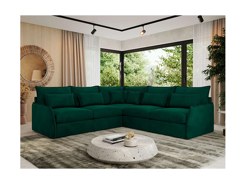 Ecksofa VERSO - modulare L-förmige Ecke, lose Kissen, Wohnlandschaft - Dunkelgrün Velvet