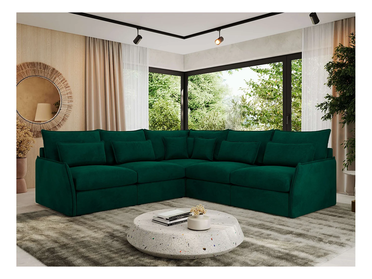 Ecksofa VERSO - modulare L-förmige Ecke, lose Kissen, Wohnlandschaft - Dunkelgrün Velvet