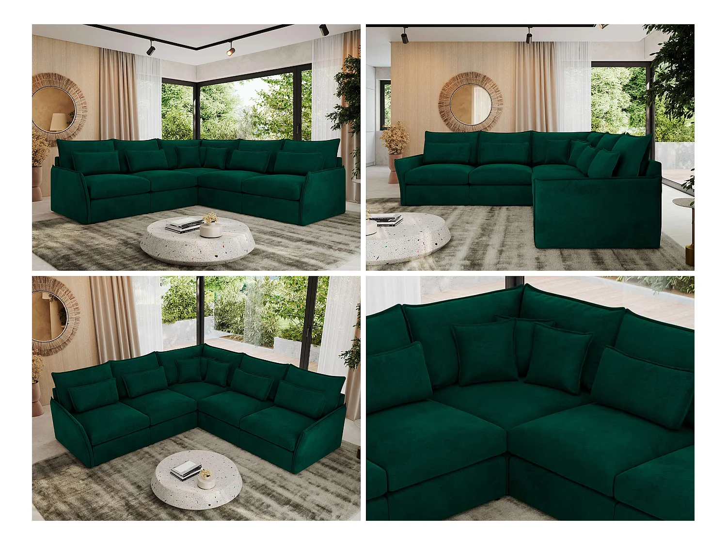 Ecksofa VERSO - modulare L-förmige Ecke, lose Kissen, Wohnlandschaft - Dunkelgrün Velvet