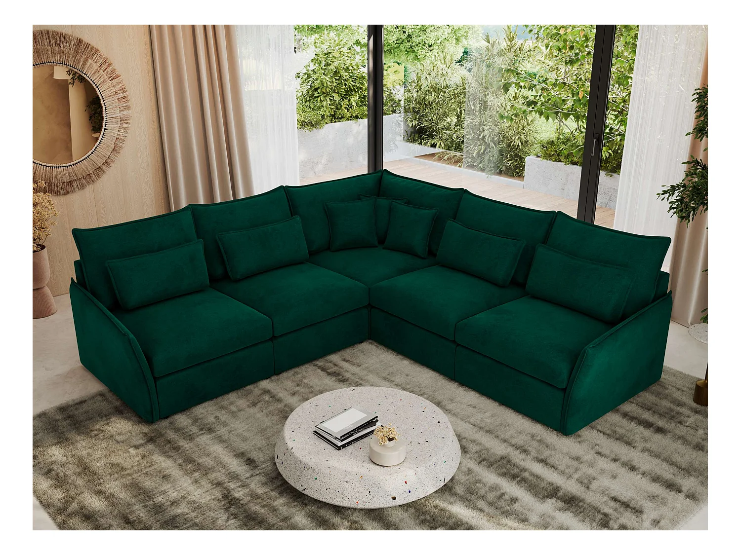 Ecksofa VERSO - modulare L-förmige Ecke, lose Kissen, Wohnlandschaft - Dunkelgrün Velvet