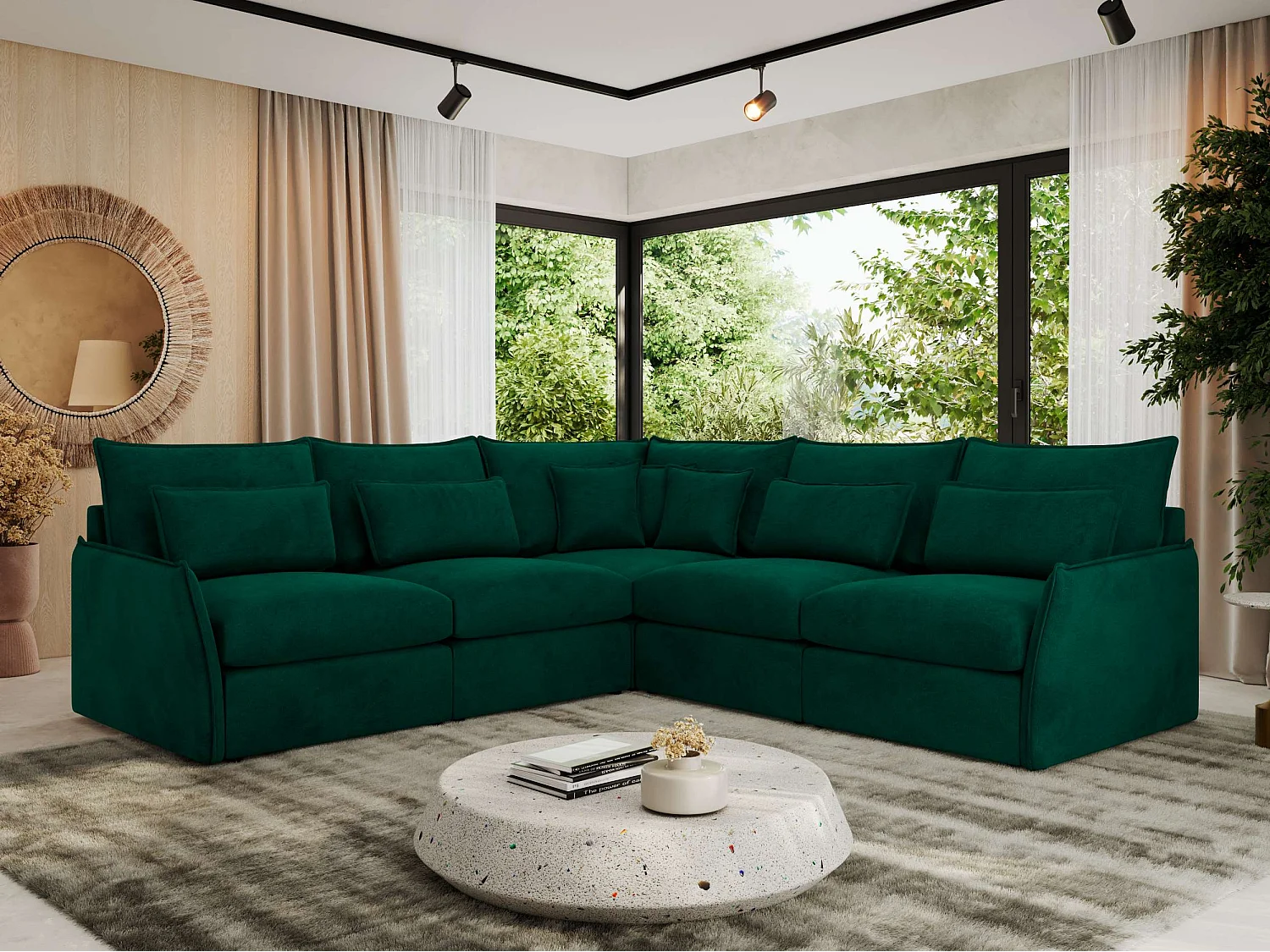 Ecksofa VERSO - modulare L-förmige Ecke, lose Kissen, Wohnlandschaft - Dunkelgrün Velvet