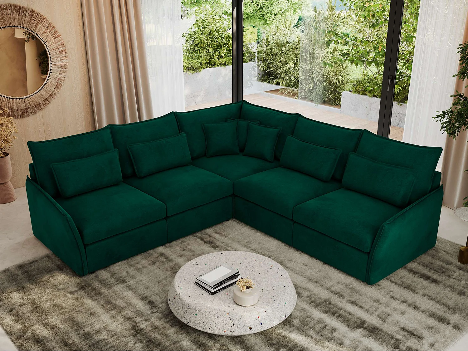 Ecksofa VERSO - modulare L-förmige Ecke, lose Kissen, Wohnlandschaft - Dunkelgrün Velvet