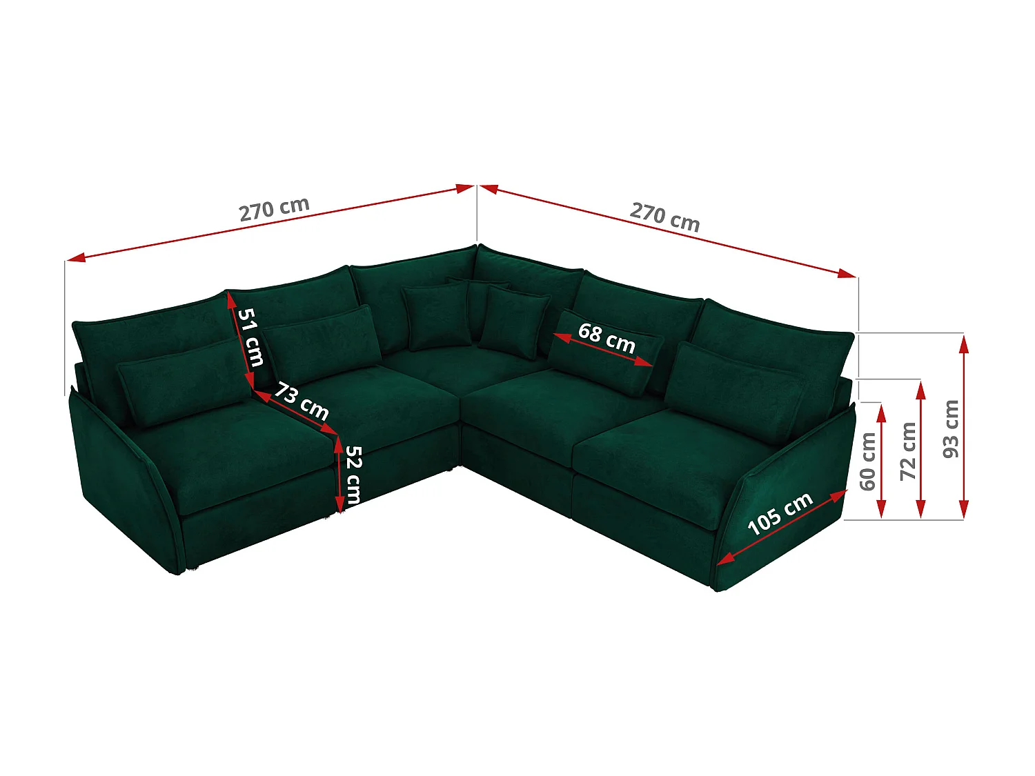 Ecksofa VERSO - modulare L-förmige Ecke, lose Kissen, Wohnlandschaft - Dunkelgrün Velvet