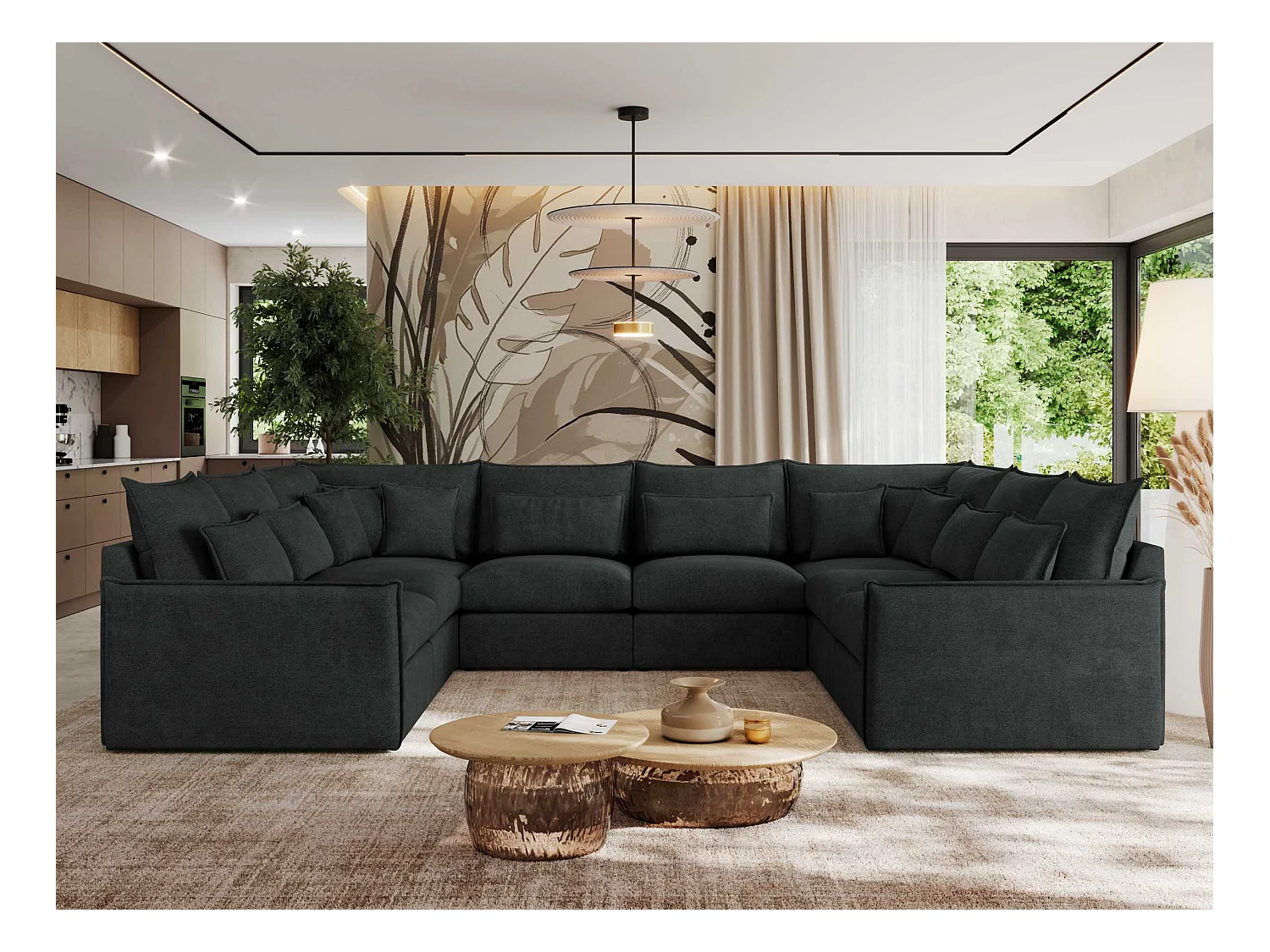 Ecksofa VERSO U8M - modulare U-förmige Ecke mit Armlehnen, Wohnlandschaft, Ecksofa XXL, lose Kissen - Dunkelgrau Struktur