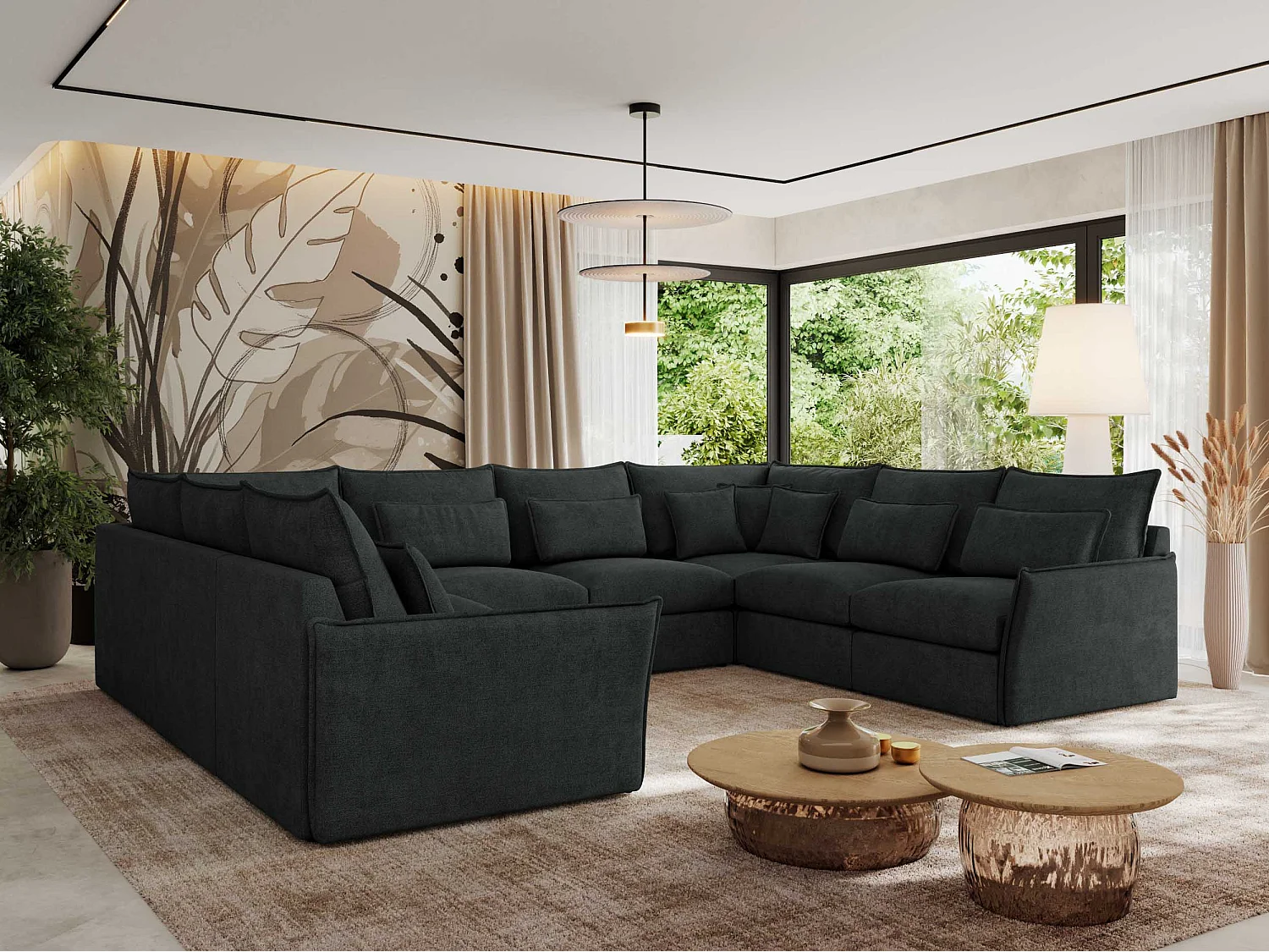 Ecksofa VERSO U8M - modulare U-förmige Ecke mit Armlehnen, Wohnlandschaft, Ecksofa XXL, lose Kissen - Dunkelgrau Struktur