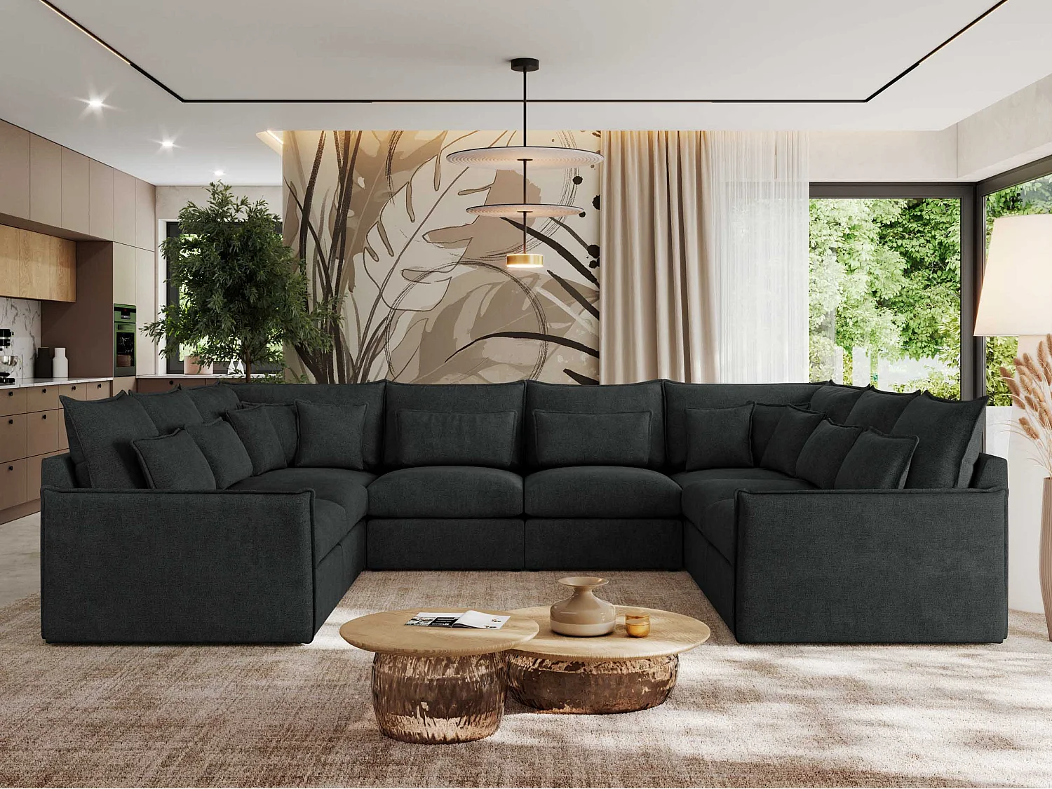 Ecksofa VERSO U8M - modulare U-förmige Ecke mit Armlehnen, Wohnlandschaft, Ecksofa XXL, lose Kissen - Dunkelgrau Struktur